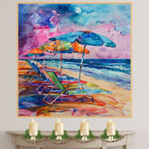 Vibrant Watercolor Painting of Beach Chairs and Umbrellas by the Ocean on Ready to Hang 1.5" Thick Canvas Wrap, Floating Framed Canvas, Flat Rolled Canvas